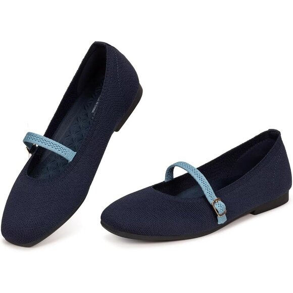 Frank Mully Mary Jane Women Blue Mesh Slip on Square-Toe Ankle Strap Flat Shoes - Picture 2 of 7